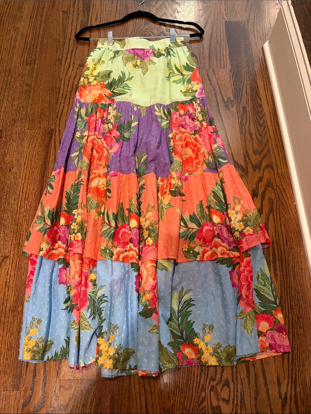 FARM Rio for anthopologie  Floral Tiered Maxi Skirt - Lime, Purple, Coral, Sky